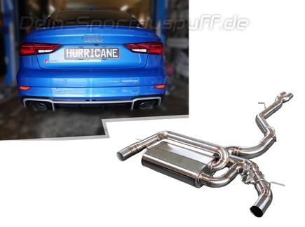 Hurricane V2 Edelstahl Duplex Sportauspuff-Komplettanlage ab Kat mit Klappensteuerung Ø89mm Audi RS3 8V Limousine Facelift inkl. Endrohrsatz nach Wahl