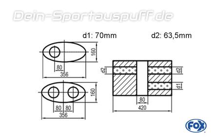 Fox Edelstahl Universal Schalldämpfer oval 356x160mm zweiflutig mit Kammer Länge 420mm Eingang/Ausgang 1x70mm/2x63,5mm für Quereinbau Fox Edelstahl Universal Schalldämpfer oval 356x160mm zweiflutig mit Kammer Länge 420mm Eingang/Ausgang 1x70mm/2x63,5mm für Quereinbau