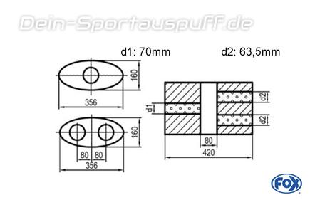 Fox Edelstahl Universal Schalldämpfer oval 356x160mm zweiflutig mit Kammer Länge 420mm Eingang/Ausgang 1x70mm/2x63,5mm für Längseinbau Fox Edelstahl Universal Schalldämpfer oval 356x160mm zweiflutig mit Kammer Länge 420mm Eingang/Ausgang 1x70mm/2x63,5mm für Längseinbau