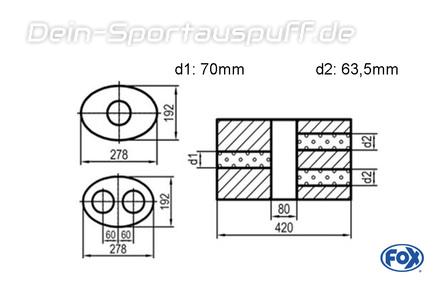 Fox Edelstahl Universal Schalldämpfer oval 278x192mm zweiflutig mit Kammer Länge 420mm Eingang/Ausgang 1x70mm/2x63,5mm für Längseinbau Fox Edelstahl Universal Schalldämpfer oval 278x192mm zweiflutig mit Kammer Länge 420mm Eingang/Ausgang 1x70mm/2x63,5mm für Längseinbau