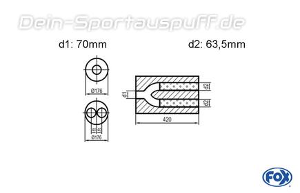 Fox Edelstahl Universal Schalldämpfer rund 176mm zweiflutig mit Y-Aufbau Länge 420mm Eingang/Ausgang 1x70mm/2x63,5mm