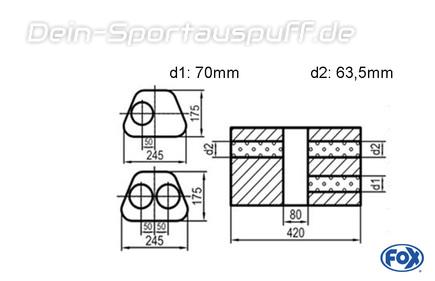 Fox Edelstahl Universal Schalldämpfer trapezförmig 245x175mm zweiflutig mit Kammer Länge 420mm Eingang/Ausgang 1x70mm/2x63,5mm für Quereinbau