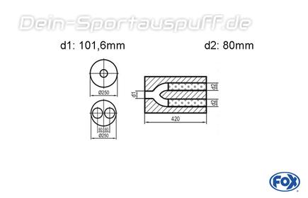 Fox Edelstahl Universal Schalldämpfer rund 250mm zweiflutig mit Y-Aufbau Länge 420mm Eingang/Ausgang 1x101,6mm/2x80mm