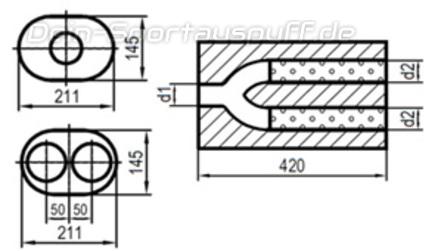Fox Edelstahl Universal Schalldämpfer oval 211x145mm zweiflutig mit Y-Aufbau Länge 420mm Eingang/Ausgang 1x89mm/2x70mm