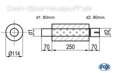 Fox Edelstahl Universal Schalldämpfer rund 114mm einflutig mit Anschlussrohr Länge 250mm Eingang/Ausgang 80mm/80mm