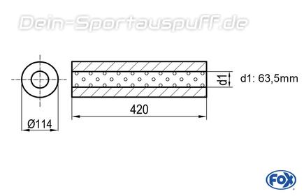 Fox Edelstahl Universal Schalldämpfer rund 114mm einflutig Länge 420mm Eingang/Ausgang 63,5mm/63,5mm