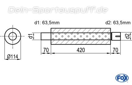 Fox Edelstahl Universal Schalldämpfer rund 114mm einflutig mit Anschlussrohr Länge 420mm Eingang/Ausgang 63,5mm/63,5mm