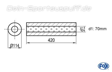 Fox Edelstahl Universal Schalldämpfer rund 114mm einflutig Länge 420mm Eingang/Ausgang 70mm/70mm