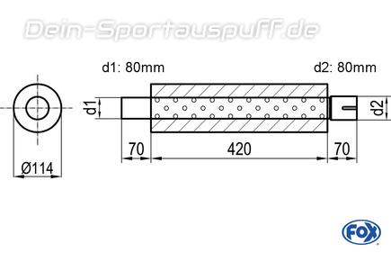 Fox Edelstahl Universal Schalldämpfer rund 114mm einflutig mit Anschlussrohr Länge 420mm Eingang/Ausgang 80mm/80mm