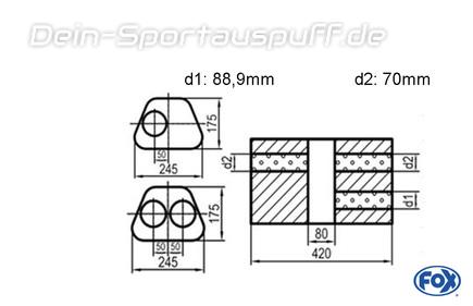 Fox Edelstahl Universal Schalldämpfer trapezförmig 245x175mm zweiflutig mit Kammer Länge 420mm Eingang/Ausgang 1x89mm/2x70mm für Quereinbau