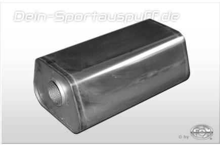 Fox Edelstahl Universal Schalldämpfer trapezförmig 245x175mm zweiflutig mit Kammer Länge 420mm Eingang/Ausgang 1x80mm/2x70mm für Längseinbau