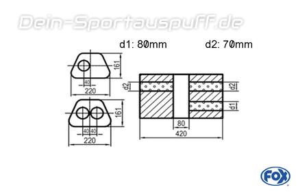 Fox Edelstahl Universal Schalldämpfer trapezförmig 220x161mm zweiflutig mit Kammer Länge 420mm Eingang/Ausgang 1x80mm/2x70mm für Quereinbau