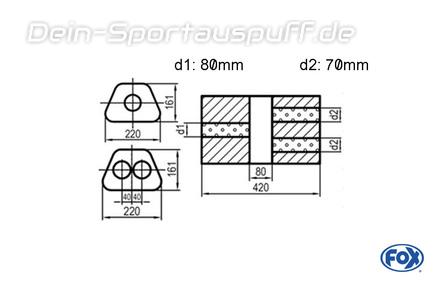 Fox Edelstahl Universal Schalldämpfer trapezförmig 220x161mm zweiflutig mit Kammer Länge 420mm Eingang/Ausgang 1x80mm/2x70mm für Längseinbau