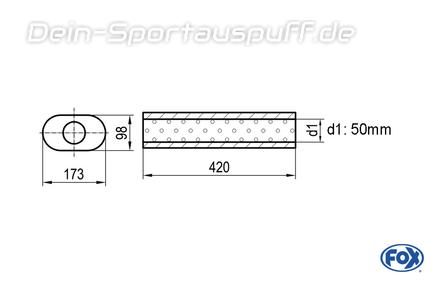 Fox Edelstahl Universal Schalldämpfer mit Kammer oval 173x98mm einflutig Länge 420mm Eingang/Ausgang 50mm/50mm Fox Edelstahl Universal Schalldämpfer mit Kammer oval 173x98mm einflutig Länge 420mm Eingang/Ausgang 50mm/50mm