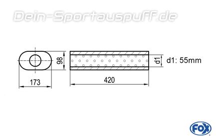 Fox Edelstahl Universal Schalldämpfer mit Kammer oval 173x98mm einflutig Länge 420mm Eingang/Ausgang 55mm/55mm Fox Edelstahl Universal Schalldämpfer mit Kammer oval 173x98mm einflutig Länge 420mm Eingang/Ausgang 55mm/55mm