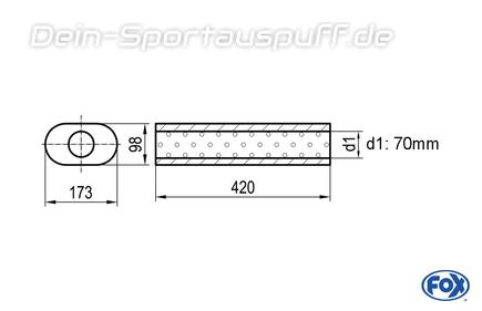 Fox Edelstahl Universal Schalldämpfer mit Kammer oval 173x98mm einflutig Länge 420mm Eingang/Ausgang 70mm/70mm Fox Edelstahl Universal Schalldämpfer mit Kammer oval 173x98mm einflutig Länge 420mm Eingang/Ausgang 70mm/70mm