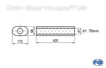Fox Edelstahl Universal Schalldämpfer mit Kammer oval 173x98mm einflutig Länge 420mm Eingang/Ausgang 76mm/76mm Fox Edelstahl Universal Schalldämpfer mit Kammer oval 173x98mm einflutig Länge 420mm Eingang/Ausgang 76mm/76mm