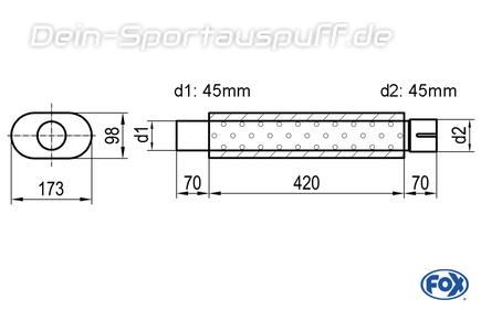 Fox Edelstahl Universal Schalldämpfer mit Kammer oval 173x98mm einflutig mit Anschlussrohr Länge 420mm Eingang/Ausgang 45mm/45mm Fox Edelstahl Universal Schalldämpfer mit Kammer oval 173x98mm einflutig mit Anschlussrohr Länge 420mm Eingang/Ausgang 45mm/45mm