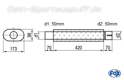 Fox Edelstahl Universal Schalldämpfer mit Kammer oval 173x98mm einflutig mit Anschlussrohr Länge 420mm Eingang/Ausgang 50mm/50mm Fox Edelstahl Universal Schalldämpfer mit Kammer oval 173x98mm einflutig mit Anschlussrohr Länge 420mm Eingang/Ausgang 50mm/50mm