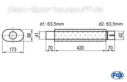 Fox Edelstahl Universal Schalldämpfer mit Kammer oval 173x98mm einflutig mit Anschlussrohr Länge 420mm Eingang/Ausgang 63,5mm/63,5mm Fox Edelstahl Universal Schalldämpfer mit Kammer oval 173x98mm einflutig mit Anschlussrohr Länge 420mm Eingang/Ausgang 63,5mm/63,5mm