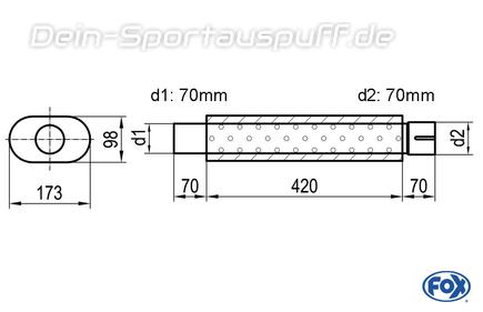 Fox Edelstahl Universal Schalldämpfer mit Kammer oval 173x98mm einflutig mit Anschlussrohr Länge 420mm Eingang/Ausgang 70mm/70mm Fox Edelstahl Universal Schalldämpfer mit Kammer oval 173x98mm einflutig mit Anschlussrohr Länge 420mm Eingang/Ausgang 70mm/70mm
