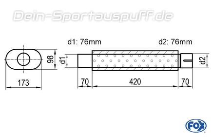 Fox Edelstahl Universal Schalldämpfer mit Kammer oval 173x98mm einflutig mit Anschlussrohr Länge 420mm Eingang/Ausgang 76mm/76mm Fox Edelstahl Universal Schalldämpfer mit Kammer oval 173x98mm einflutig mit Anschlussrohr Länge 420mm Eingang/Ausgang 76mm/76mm