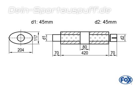 Fox Edelstahl Universal Schalldämpfer mit Kammer oval 204x117mm einflutig mit Anschlussrohr Länge 420mm Eingang/Ausgang 45mm/45mm Fox Edelstahl Universal Schalldämpfer mit Kammer oval 204x117mm einflutig mit Anschlussrohr Länge 420mm Eingang/Ausgang 45mm/45mm