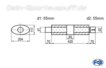 Fox Edelstahl Universal Schalldämpfer mit Kammer oval 204x117mm einflutig mit Anschlussrohr Länge 420mm Eingang/Ausgang 55mm/55mm Fox Edelstahl Universal Schalldämpfer mit Kammer oval 204x117mm einflutig mit Anschlussrohr Länge 420mm Eingang/Ausgang 55mm/55mm