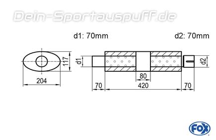 Fox Edelstahl Universal Schalldämpfer mit Kammer oval 204x117mm einflutig mit Anschlussrohr Länge 420mm Eingang/Ausgang 70mm/70mm Fox Edelstahl Universal Schalldämpfer mit Kammer oval 204x117mm einflutig mit Anschlussrohr Länge 420mm Eingang/Ausgang 70mm/70mm