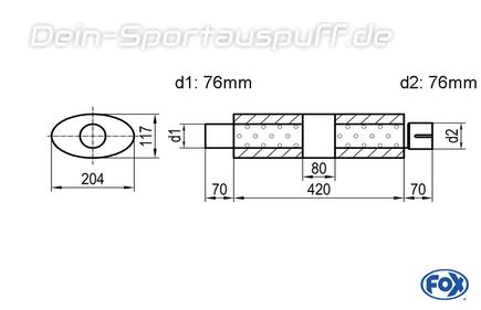 Fox Edelstahl Universal Schalldämpfer mit Kammer oval 204x117mm einflutig mit Anschlussrohr Länge 420mm Eingang/Ausgang 76mm/76mm Fox Edelstahl Universal Schalldämpfer mit Kammer oval 204x117mm einflutig mit Anschlussrohr Länge 420mm Eingang/Ausgang 76mm/76mm