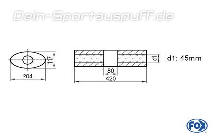 Fox Edelstahl Universal Schalldämpfer mit Kammer oval 204x117mm einflutig Länge 420mm Eingang/Ausgang 45mm/45mm Fox Edelstahl Universal Schalldämpfer mit Kammer oval 204x117mm einflutig Länge 420mm Eingang/Ausgang 45mm/45mm