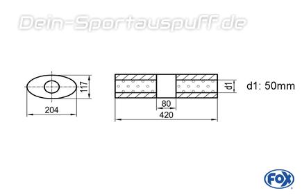 Fox Edelstahl Universal Schalldämpfer mit Kammer oval 204x117mm einflutig Länge 420mm Eingang/Ausgang 50mm/50mm