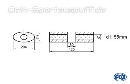 Fox Edelstahl Universal Schalldämpfer mit Kammer oval 204x117mm einflutig Länge 420mm Eingang/Ausgang 55mm/55mm