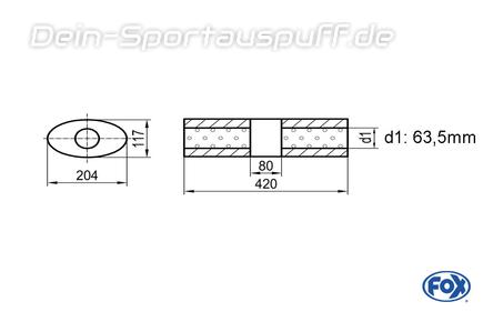 Fox Edelstahl Universal Schalldämpfer mit Kammer oval 204x117mm einflutig Länge 420mm Eingang/Ausgang 63,5mm/63,5mm