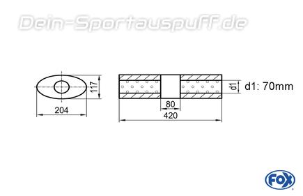 Fox Edelstahl Universal Schalldämpfer mit Kammer oval 204x117mm einflutig Länge 420mm Eingang/Ausgang 70mm/70mm