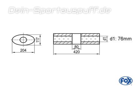 Fox Edelstahl Universal Schalldämpfer mit Kammer oval 204x117mm einflutig Länge 420mm Eingang/Ausgang 76mm/76mm