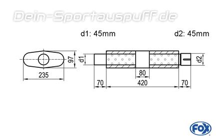 Fox Edelstahl Universal Schalldämpfer mit Kammer oval 235x97mm einflutig mit Anschlussrohr Länge 420mm Eingang/Ausgang 45mm/45mm