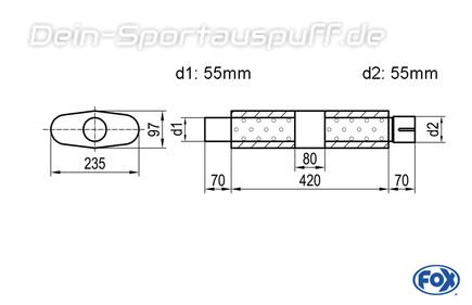 Fox Edelstahl Universal Schalldämpfer mit Kammer oval 235x97mm einflutig mit Anschlussrohr Länge 420mm Eingang/Ausgang 55mm/55mm