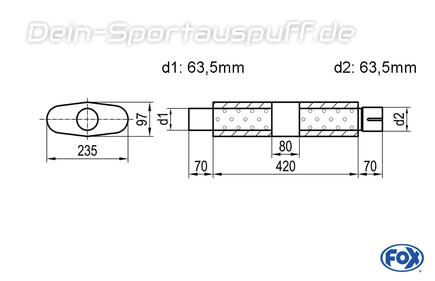 Fox Edelstahl Universal Schalldämpfer mit Kammer oval 235x97mm einflutig mit Anschlussrohr Länge 420mm Eingang/Ausgang 63,5mm/63,5mm