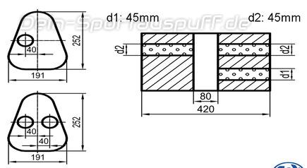Fox Edelstahl Universal Schalldämpfer dreieckig 191x252mm zweiflutig mit Kammer Länge 420mm Eingang/Ausgang 1x45mm/2x45mm für Quereinbau