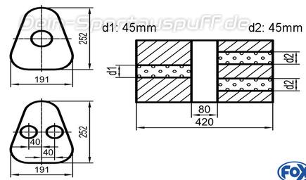 Fox Edelstahl Universal Schalldämpfer dreieckig 191x252mm zweiflutig mit Kammer Länge 420mm Eingang/Ausgang 1x45mm/2x45mm für Längseinbau