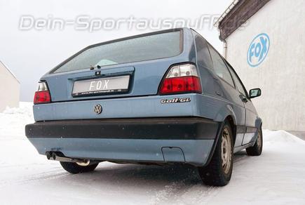 Fox Edelstahl Sportauspuff-Komplettanlage ab Kat VW Golf 2 2x55mm rund leicht seitlich ausgehend