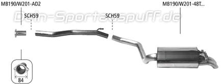 Bastuck Edelstahl Racing-Komplettanlage Mercedes-Benz 190 Typ W201 2.3l 16V (Mod. mit Kat) 2x48mm rund Dieseloptik nach unten gebogen