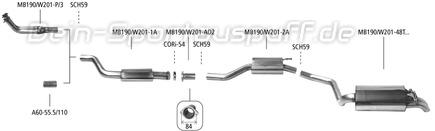 Bastuck Edelstahl Sportauspuff-Komplettanlage Mercedes-Benz 190 Typ W201 2.3l 16V (Mod. ohne Kat) 2x48mm rund Dieseloptik nach unten gebogen