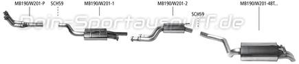 Bastuck Edelstahl Sportauspuff-Komplettanlage Mercedes-Benz 190 Typ W201 2.5l 16V (Mod. ohne Kat) 2x48mm rund Dieseloptik nach unten gebogen