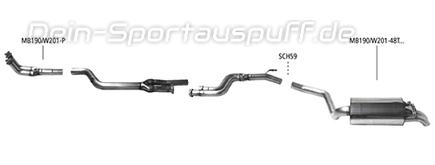 Bastuck Edelstahl Racing-Komplettanlage Mercedes-Benz 190 Typ W201 2.5l 16V (Mod. ohne Kat) 2x48mm rund Dieseloptik nach unten gebogen