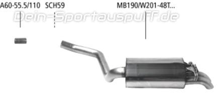 Bastuck Edelstahl Sportauspuff Mercedes-Benz 190 Typ W201 2.6l 2x48mm rund Dieseloptik nach unten gebogen