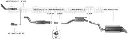 Bastuck Edelstahl Sportauspuff-Komplettanlage Mercedes-Benz 190 Typ W201 1.8 2.0 2.3l 8V (Mod. ohne Kat) 2x48mm rund Dieseloptik nach unten gebogen