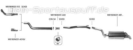 Bastuck Edelstahl Racing-Komplettanlage Mercedes-Benz 190 Typ W201 1.8 2.0 2.3l 8V (Mod. ohne Kat) 2x48mm rund Dieseloptik nach unten gebogen