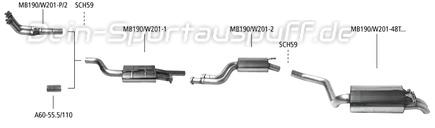 Bastuck Edelstahl Sportauspuff-Komplettanlage Mercedes-Benz 190 Typ W201 2.0l 2.3l 8V (Mod. ohne Kat) 2x48mm rund Dieseloptik nach unten gebogen
